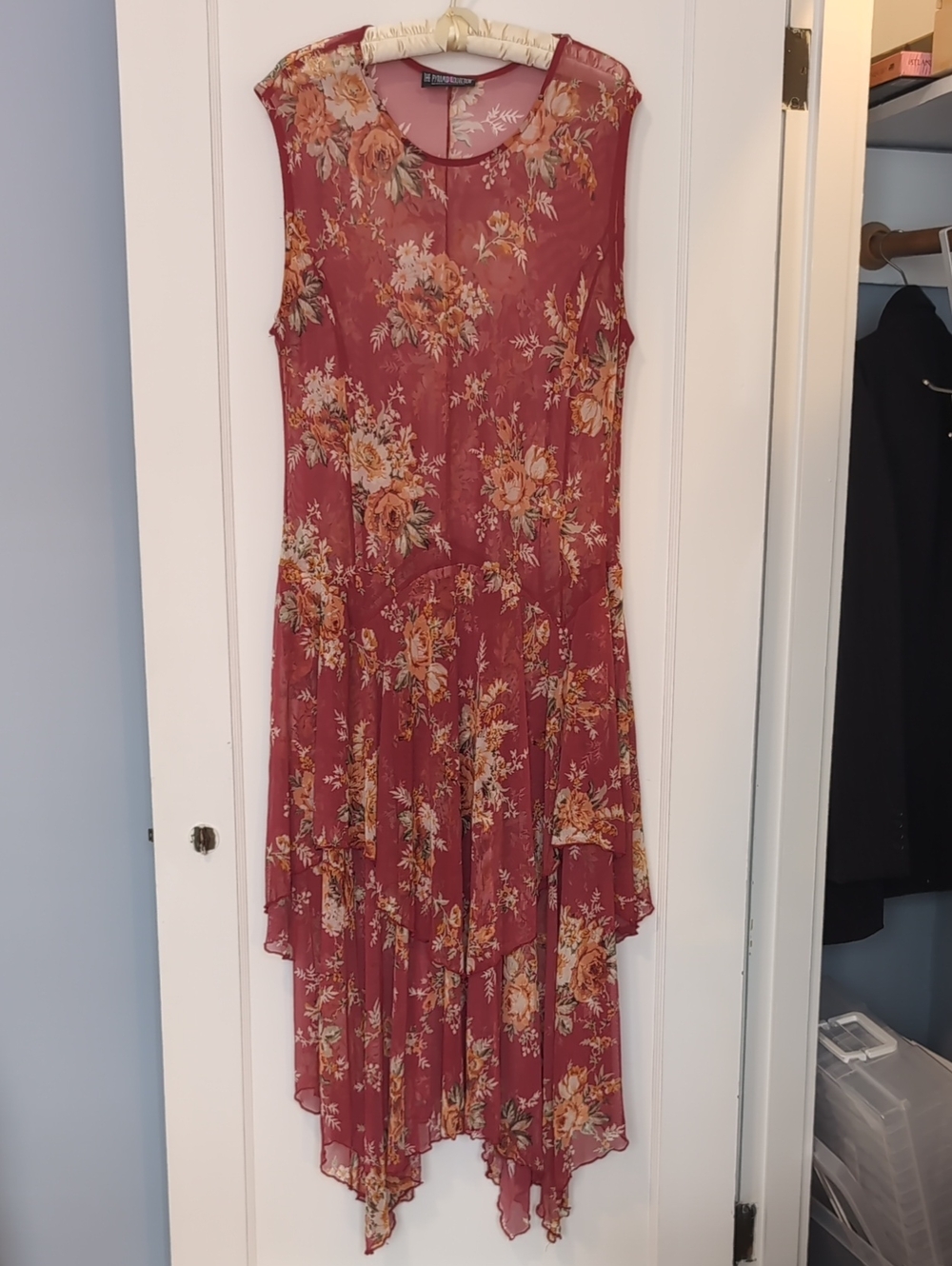 The Pyramid Collection Vintage Sheer Floral Asymmetrical Trapeze Ruffle Dress